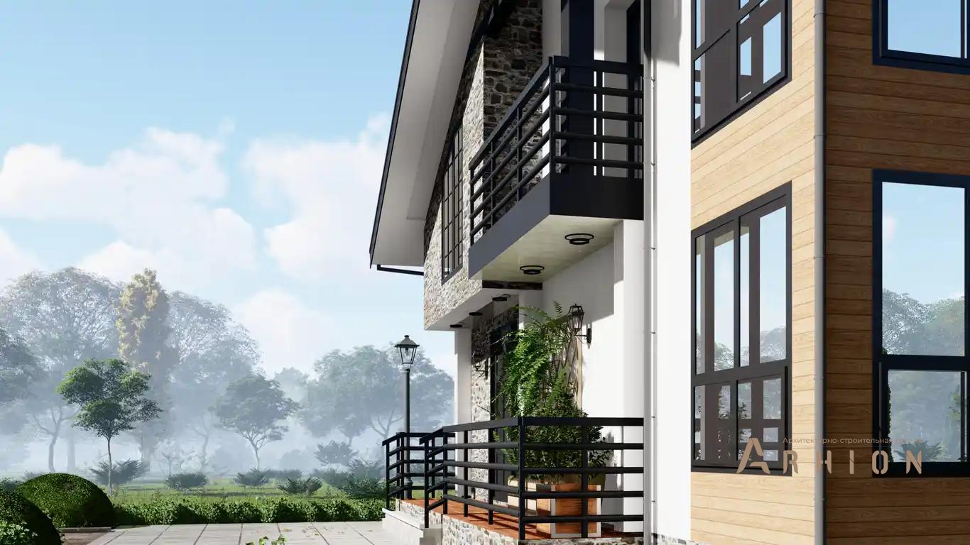 2. Проект одноэтажного дома в современном стиле с двускатной кровлей, h-1611, площадью - 195 кв c мансардой, терассой, балконом, бассейном